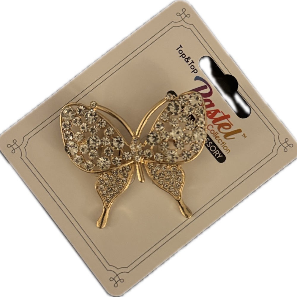 Rhinestone Butterfly Pin | Gold Tone Brooch - Picture 3 of 3